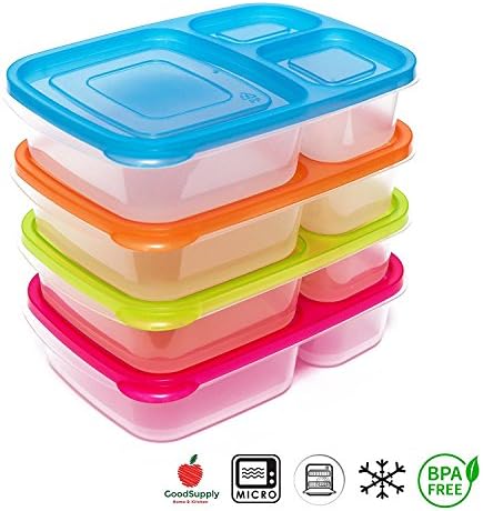 Bento 3 Individual Compartments Food Storage Meal Prep Lunch Box with Colorful Easy-open Lids (pack of 4)
