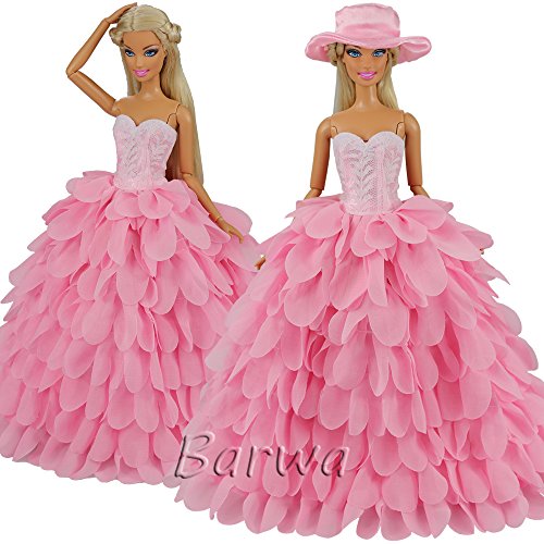 Barwa White Wedding Dress with Veil and Pink Princess Evening Party Clothes Wears Gown Dress Outfit with Hat for Barbie Doll
