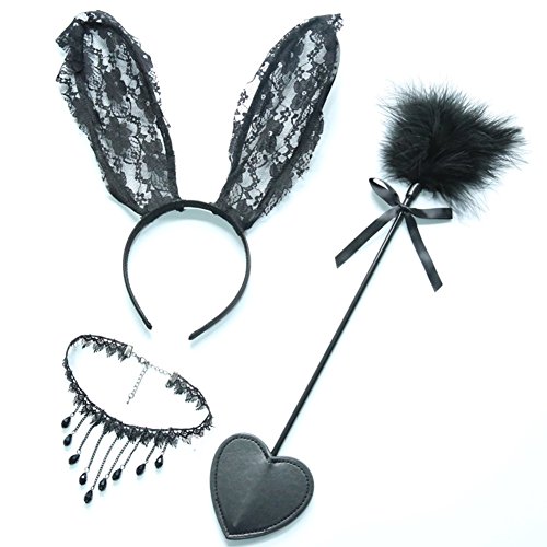 ieasysexy New Sexy Lingerie Accessories Feather Flirt Lace Rabbit Earrings Clavicle Chain Collar Set