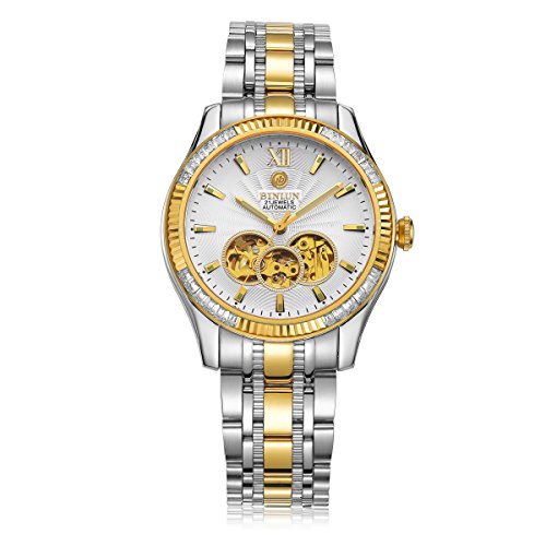 BINLUN Men's 18k Gold Plated Stainless Steel Waterproof Automatic Wrist Watch Diamonds (White Skeleton)