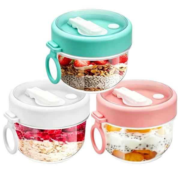 MEETOZ 3 Pcs Overnight Oats Container with Lids and Spoons, 20 oz Plastic Overnight Oats Jars Large Capacity Airtight Yogurt Container for Milk, Fruit, Cereal and Salad Storage