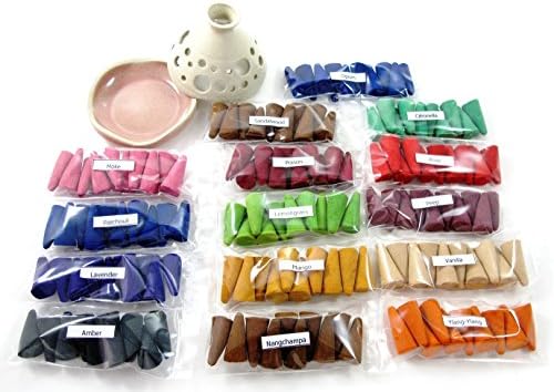 The variety of scent, Fulllight aroma set of 15 differences scent, aromatic plant materials, 15 packs of 10 smokeless aroma fragrance incense cones &amp; handmade ceramic incense burner (FL45)