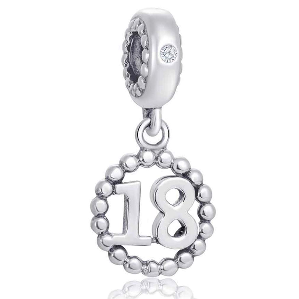 Number Bracelet Charms - 925 Sterling Silver Pendants/Beads Fit Pandora Charm Bracelets, Necklace, and European Snake Chain, Dangling/Dangle Charm for Birthday.(Number 18)