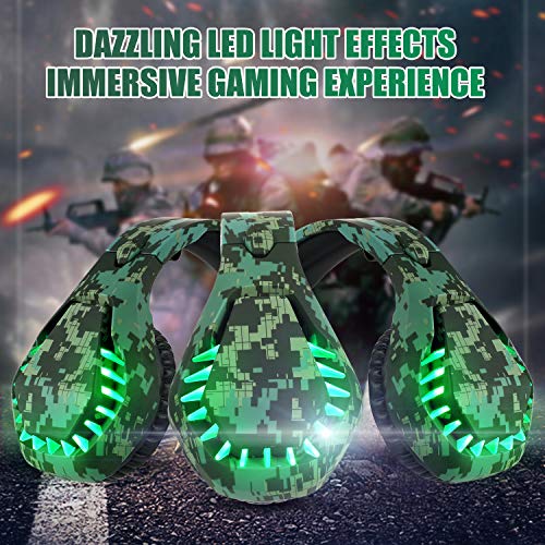 Gaming Headset for Nintendo Switch, PS4, Xbox One, PS5 Controller, Laptop, Mac, Noise Cancelling PC Headset with Mic,7.1 Stereo Surround Sound, Cool LED Light,Comfort Earmuff, Camo Green