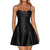 LAGSHIAN Women's Summer Satin Spaghetti Strap A-line Mini Dresses Bodycon Sleeveless Silky Night Out Short Dress