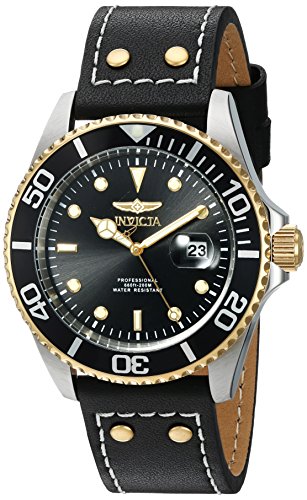 Invicta Men's 'Pro Diver' Quartz Stainless Steel and Leather Watch, Color:Black (Model: 22074)