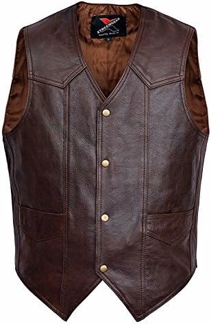 WICKED STOCK Men's Brown Leather Motorcycle Vest - Adult, Sleeveless, V-Neck, 43.5 inches, 5 Pockets, Fall/Winter