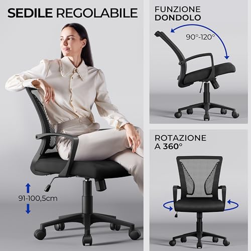 Yaheetech Office Chair Ergonomic Lumbar in Breathable Mesh Reclining Adjustable Height Swivel with Armrests and Wheels Capacity 136 kg Black
