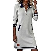 Womens Casual Half Zip Color Block Polo Lapel Sweatshirt Dress Loose Long Sleeve Tunic Aline Midi Dresses with Pockets