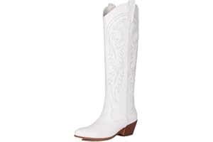 Erocalli White Cowgirl Boot Cowboy Boots for Women Embroidered Pull-On Chunky Stacked Heel Knee High Western Boots