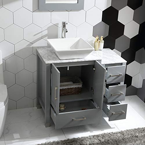 36" Grey Paint Bathroom Vanity and Sink Combo Glass/Marble Top w/Drawer Side,Sink, Faucet (Solid Wood + Marble Top) - Thumbnail 3