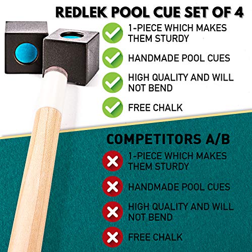 REDLEK Pool Cue Set of 4 1 Piece 58” Pool Sticks with Pool Chalk