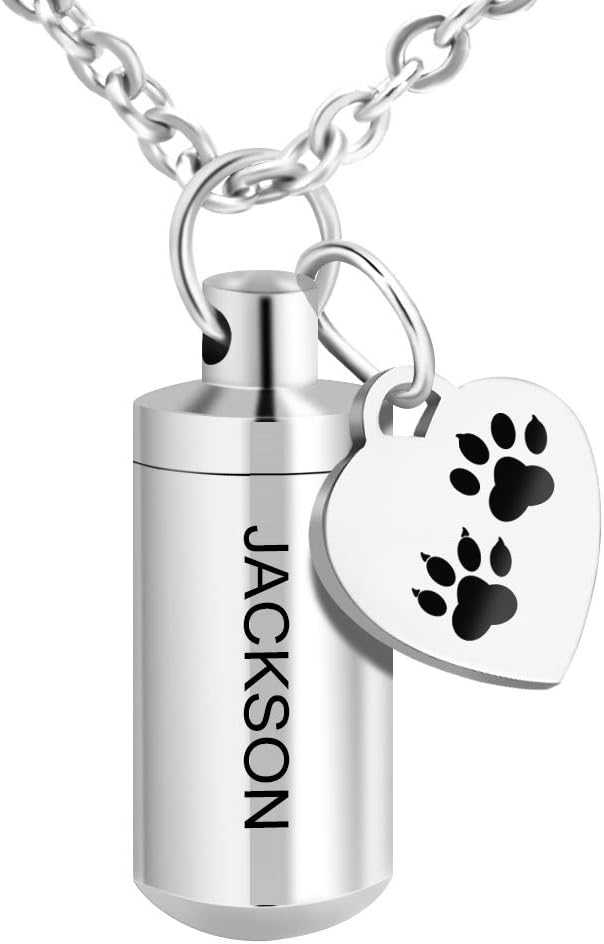 abooxiu Pet Paw Cremation Jewelry Cylinder Urn Necklace for Ashes Holder Stainless Steel Memorial Pendant Keepsake - Customize Available