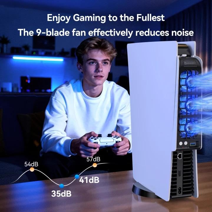 NEWDERY Lüfter für PS5-Zubehör, Verbesserter Leiser Lüfter, Automatische Temperaturangepasste Drehzahl, Dynamische RGB-Beleuchtung, Passend für PlayStation 5, Nicht für PS5 Slim/Pro 9