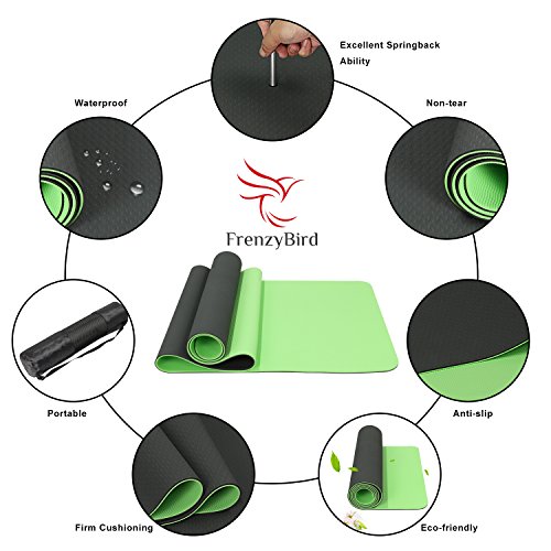 FrenzyBird Eco-Friendly,Reversible,Non-Slip,Double-Sided TPE Yoga Mat with Stretch Strap,Carry Strap and Mat Bag, Free of PVC and Other Harmful Chemicals, Extra-Thick,Ideal for Yogis
