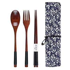 Wooden Spoon Fork Chopsticks Set Handmade Japanese Style Utensils Elegant Tableware Set for Camping, Picnic, Office or…