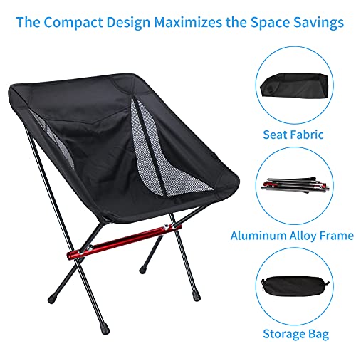 Hatsutec Portable Folding Camping Chair 2lbs Compact Ultralight Foldable Backpacking Chairs, Aluminum Alloy Frame Outdoor Chair Holds Up to 300lbs for Camping, Backpacking, Hiking,Travel(Black)