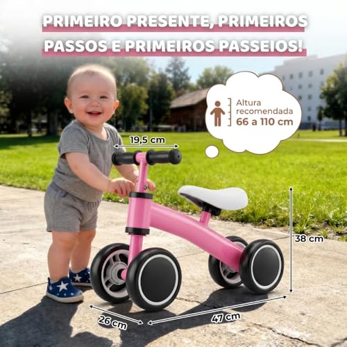 Bicicleta de Equilíbrio Infantil sem Pedal Rosa 4 Rodas para Coordenação Motora, Equilíbrio e Primeiros Passos, Brinquedo de Passeio para Bebê com Desenvolvimento Motor, Segurança e Conforto