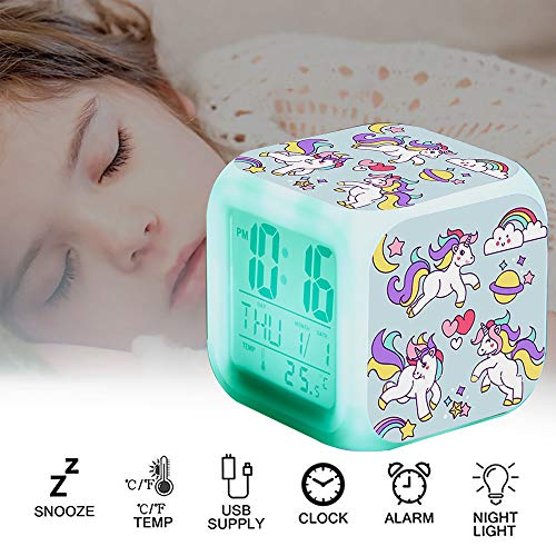 TCJJ Einhorn Wecker für Mädchen,Wecker Digital mit LED Nachtlicht Beleuchteter Anzeige Zeit Datum Temperatur Anzeige Einhorn Muster (Grün)