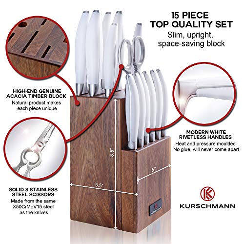 Kurschmann 15Piece Kitchen Knife Set in Upright Acacia Block, White