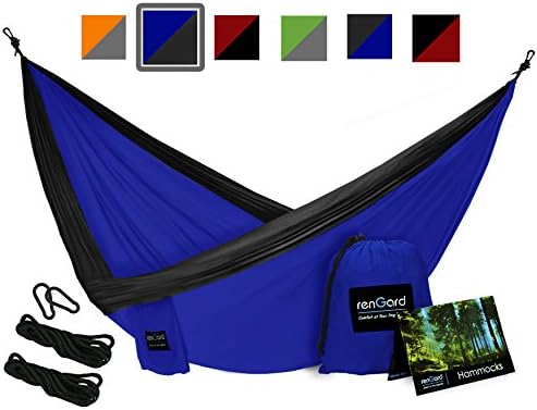 RenGard Portable Camping Hammock – Sturdy and Breathable Parachute Nylon built; Multifunctional; Tri-stitches – Best for both Indoor &amp; Outdoor Camping - Single, Dark Grey/Cobalt Blue