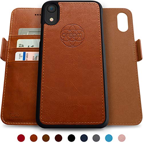 Dreem Fibonacci 2-in-1 Wallet-Case for iPhone XR Magnetic Detachable Unbreakable TPU Slim-Case, Wireless Charge, RFID Protection, 2-Way Stand, Luxury Vegan Leather, Gift-Box - Caramel