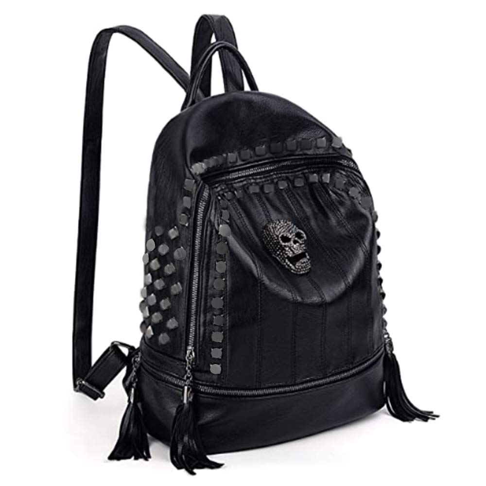 AlwaySky Women Skull Backpack Rivet Studded Fashion Daypack Gothic Punk Satchel Purse with Tassel Zipper Design, Black