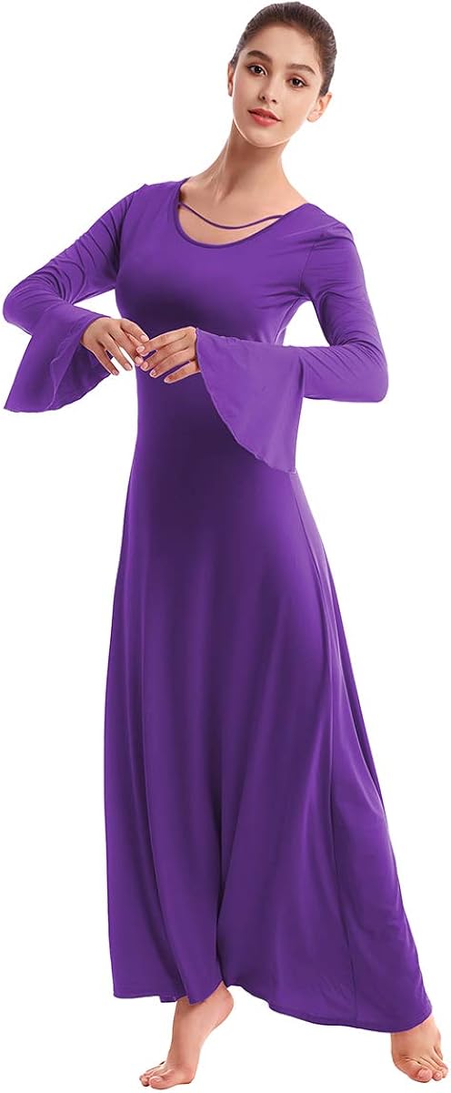 Womens Praise Bell Long Sleeve Dance Dress Loose Fit Full Length Liturgical Lyrical Worship Dancewear: Clothing