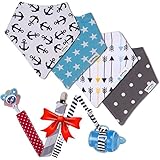 Baby Bandana Drool Bibs by Pashoshi - 4 Pack of Cute Unisex Absorbent Cotton Bibs with Free Pacifier Clip & Bottle/Toy Strap - Modern Baby Gift Set for Boy or Girl Infant - 5 Star Product