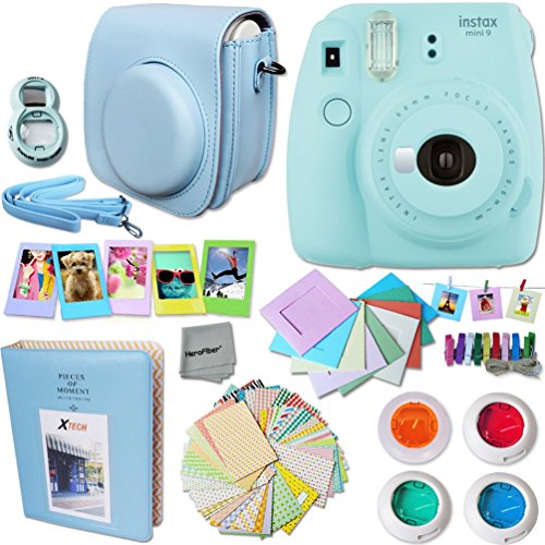 Fujifilm Instax Mini 9 Instant Camera ICE BLUE (NEW 2017 Release) + Accessories Kit / Bundle Includes: Mini 9 Case with Strap + Photo Album + Frames + 4 Color Filters + Large Selfie Mirror + MORE