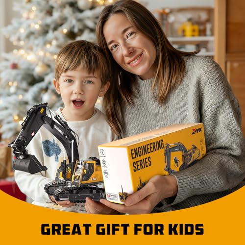 GraceDuck RC Excavator Toy 3 in 1 Remote Control 2.4GHz - Beach and Construction Toys with Alloy Shovel, Crusher and Claw, 680° Spin, Construction Vehicle for Kids Ages 6-12