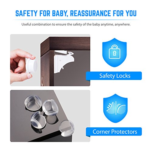 Magnetic Cabinet Locks for Baby Proofing Cabinet Child Safety Locks [12 Locks & Latches, 2 Magnetic Keys, 8 Corner Guards] Drawer Lock Invisible Design without Nails, Easy To Install
