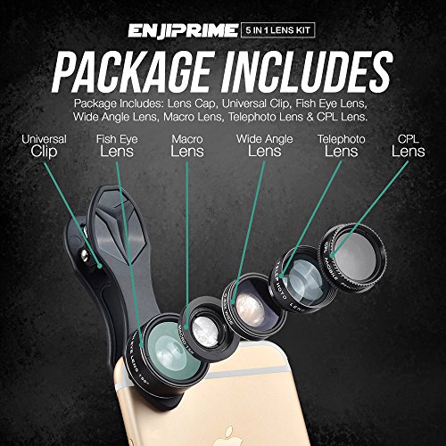 Cell Phone Camera Zoom Lens Kit - HD 5-in-1 Telephoto, Wide Angle, Fish Eye, Macro & CPL Polarizer, Clip-on, for Apple iPhone, Samsung & Other Smartphones