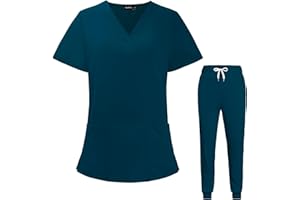 VIAOLI Scrubs for Women Set V-Neck Pocket Top & Drawstring Jogger Scrub Pants Stretch Nursing Scrubs Set Uniform