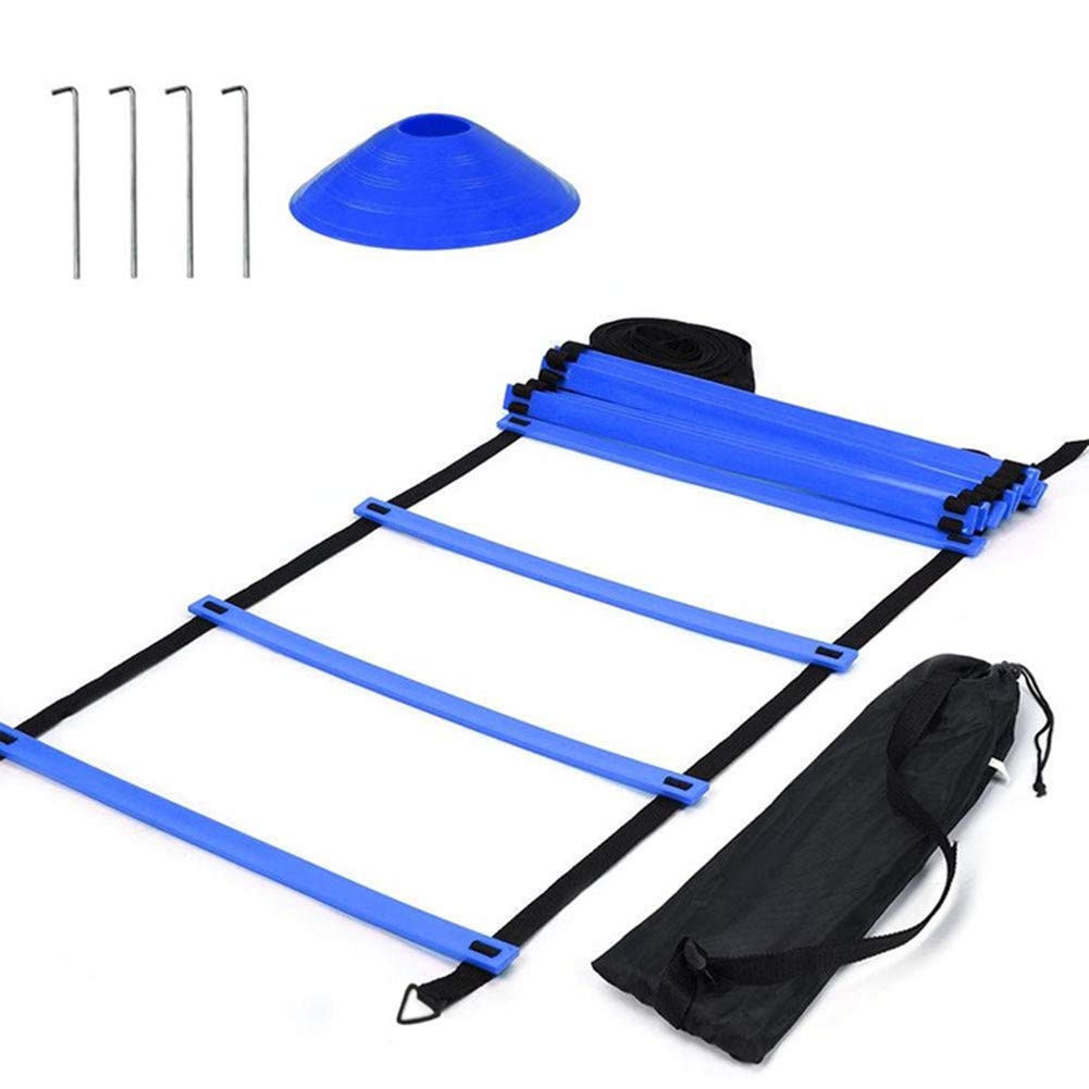 FJYOURIA Speed Ladder Agility Ladder Training Kit, Includes 10 Sports Cones, 4 Hooks for Adult Kids Outdoor Workout, Improves Coordination, Speed, Power (Blue)