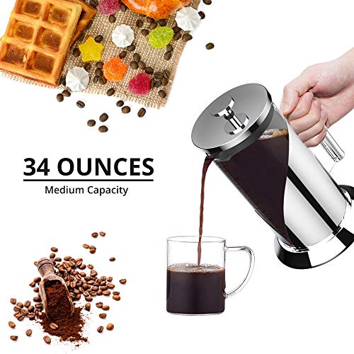 French Press Coffee Maker, Heat Resistant Borosilicate Glass Carafe with Scale, 304 Stainless Steel Bracket Coffee Press with 4-Level Filtration Structure, Dishwasher Safe, Rust-Fre, 34 Oz