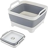 Collapsible Dish Basin with Drain Plug, 9L 2.4 Gallon Portable Wash Basin Dishpan Space Saving Dish Washing Tub Foldable Sink Tub Kitchen Storage Tray Grey