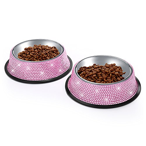 SAVORI Bling Dog Bowls Pink, 640ML Handmade Bling Rhinestones Stainless Steel Pet Bowls Double