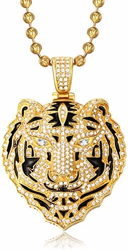 LANROQUE Men's Iced Out 18K Gold Plated Tiger Head Hip Hop Pendant Necklace 30 Inches