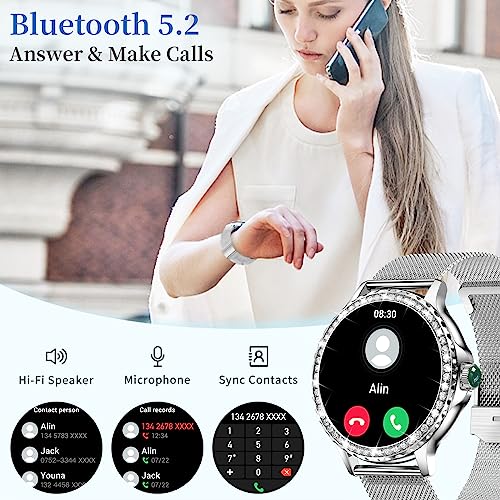 Efolen Smart Watches for Women with Diamonds (Answer/Make Call), 1.3'' Bluetooth Smartwatch for Android iOS, Waterproof Fitness Watch with Heart Rate/SpO2/Sleep/BP/AI Voice (Silver)