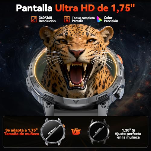 Haulvean Militares Reloj Inteligente Hombre, 1000 mAh Smartwatch, Dos Correas, Pantalla HD 1,75", Linterna LED, 100＋Modos Deportivos, Salud Monitorizada, Llamadas Bluetooth para iOS Android (Negro)