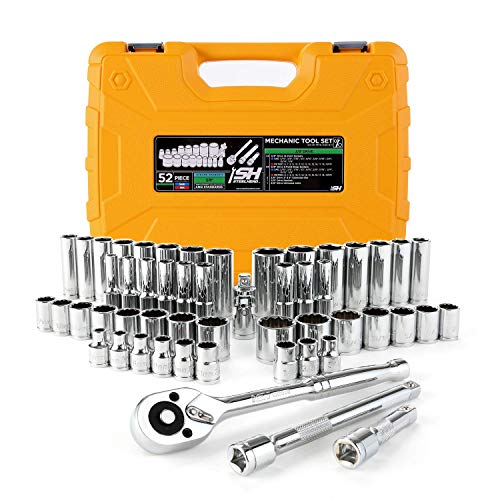 STEELHEAD 52-Piece Mechanics Tool & Socket Set (ANSI Grade), SAE & Metric, 3/8" 72-Tooth Quick-Release Ratchet, Standard & Deep 6 & 12 Pt. Sockets, Universal Joint & Extensions, Heavy-Duty Case