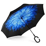 SHINE HAI Inverted Umbrella, Double Layer Windproof Reverse Umbrella, Self-Standing C-Shaped Handle Big Straight Umbrella, UV Protection, Inside-out Folding for Car