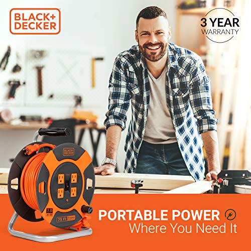 BLACK+DECKER Retractable Extension Cord Reel, 75 ft, with 4 Outlets