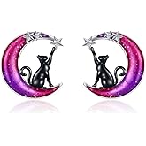 VONALA Moon Cat Earrings for Women 925 Sterling Silver Cat Stud Earrings Animal Earrings