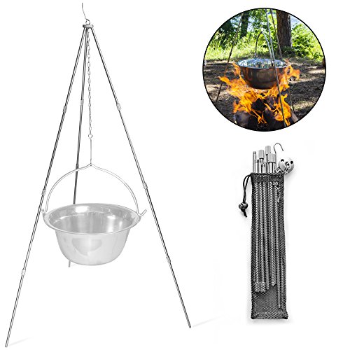 Camping Guru Outdoor Camping Cooking Tripod – Adjustable Size, Stainless Steel Pot Holder with Hanger Bracket & Storage Bag | Portable Lightweight Stand Perfect for Backpacking or Hiking