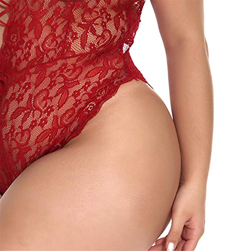 Women Sexy Lingerie Plus Size Lace Babydoll Bodysuit Floral Nightwear Robe Bridal Lingerie with G-String (L2, Wine) - Thumbnail 4