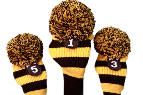 Majek Golf Club Head Covers Black and Yellow Limited Edition Throwback Long Neck Knit Retro Pom Pom Traditional Classic Vintage Old School Ultimate 460cc Driver Fairway Wood Golf Head Cover Stripe Set - Thumbnail 2
