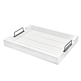 AuldHome Design Rustic Wood Serving Tray (White); Wooden Farmhouse Shiplap Decorative Ottoman Tray w/Black Metal Handles, 16.75 x 12.75 Inches