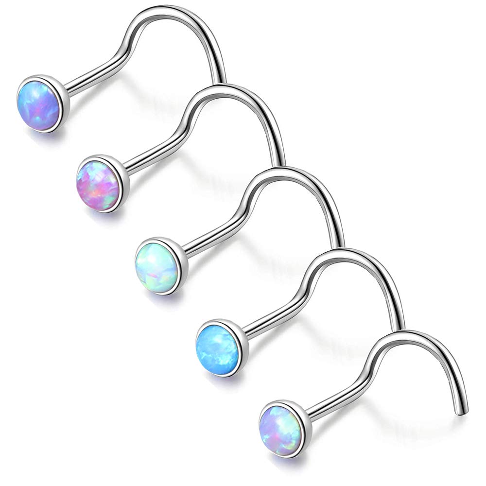 ZS 5 Pieces Opal Nose Studs 20 Gauge Nose Pin Blue